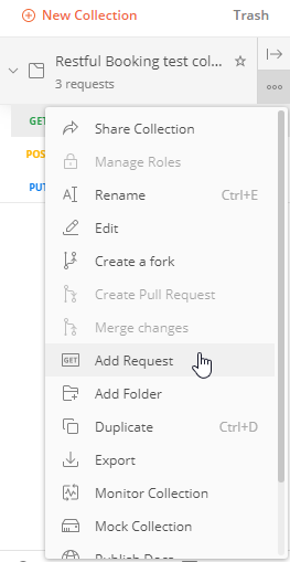 The add request popup section of Postman
